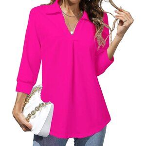 Women Pink Work Blouse Collared V Neck Shirt Loose Fit Top For Public Occasion